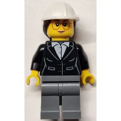 Construction Engineer / Architect - Female, Black Suit Jacket with White Button Up Shirt, Dark Bluish Gray Legs, White Construction Helmet with Dark Brown Ponytail Hair, Glasses