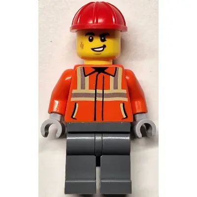 Construction Worker - Male, Reddish Orange Safety Jacket with Reflective Stripes, Dark Bluish Gray Legs, Red Construction Helmet, Lopsided Smile