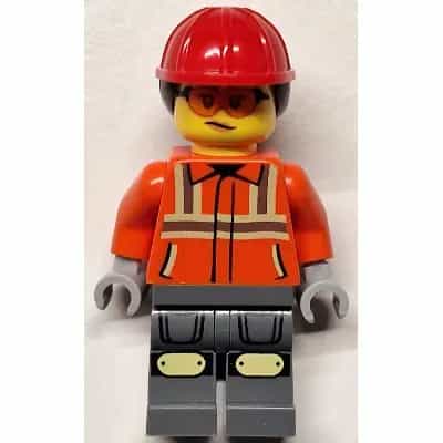 Construction Worker - Female, Reddish Orange Safety Jacket with Reflective Stripes, Dark Bluish Gray Legs with Knee Pads, Red Construction Helmet with Dark Brown Ponytail Hair, Safety Glasses
