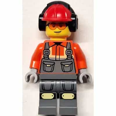 Construction Worker - Male, Dark Bluish Gray Overalls over Reddish Orange Safety Jacket with Reflective Stripes, Dark Bluish Gray Legs with Knee Pads, Red Construction Helmet with Black Ear Protectors