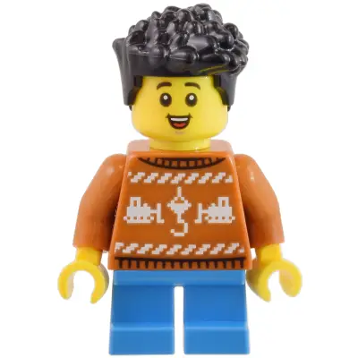 Child - Boy, Dark Orange Holiday Sweater, Dark Azure Short Legs, Black Hair