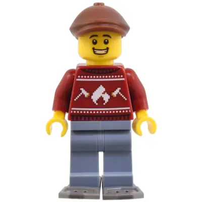 Man - Dark Red Holiday Sweater, Sand Blue Legs, Reddish Brown Flat Cap, Dark Bluish Gray Snowshoes