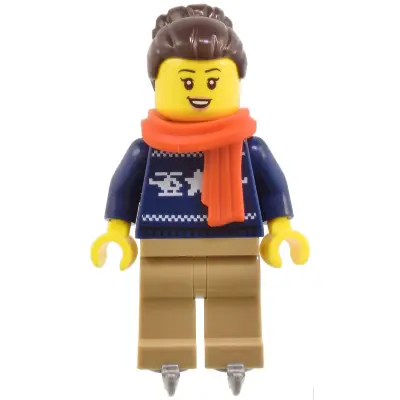 Woman - Dark Blue Holiday Sweater, Dark Tan Legs, Dark Brown Hair with Bun, Red Scarf, Ice Skates