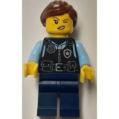 Police - City Officer Female, Black Safety Vest with Silver Star Badge Logo, Dark Blue Legs, Reddish Brown Hair with Ponytail