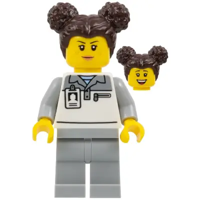 Formula 1 Mechanic - Female, Light Bluish Gray and White Polo Shirt, Light Bluish Gray Legs, Dark Brown Hair with Buns, Freckles