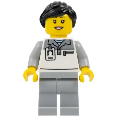 Formula 1 Mechanic - Female, Light Bluish Gray and White Polo Shirt, Light Bluish Gray Legs, Black Ponytail, Hearing Aid