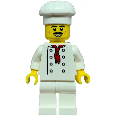 Pizza Slice Soapbox Race Car Driver (Chef) - Male, White Torso with 8 Buttons, No Wrinkles Front or Back, White Legs, White Chef Toque, Moustache