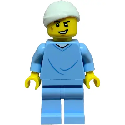 Hospital Bed Soapbox Race Car Driver (Patient) - Male, Bright Light Blue Hospital Gown and Legs, White Head Bandage, Scuff Mark