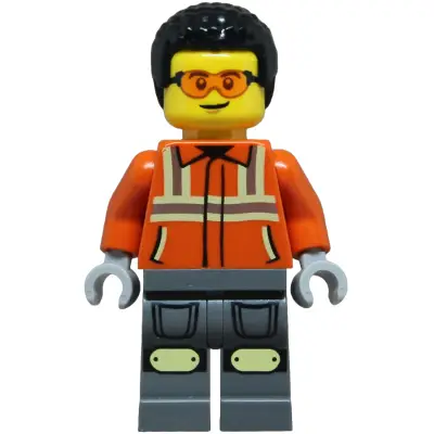 Construction Worker - Male, Reddish Orange Safety Jacket with Reflective Stripes, Dark Bluish Gray Legs with Knee Pads, Black Coiled Hair, Safety Glasses