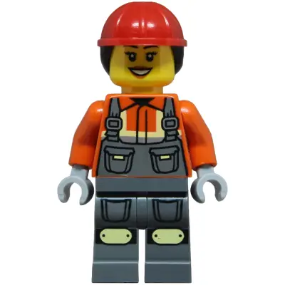 Construction Worker - Female, Dark Bluish Gray Overalls over Reddish Orange Safety Jacket with Reflective Stripes, Dark Bluish Gray Legs with Knee Pads, Red Construction Helmet with Dark Brown Ponytai