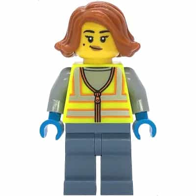 Scrapyard Worker - Female, Neon Yellow Safety Vest with Reflective Stripes, Sand Blue Legs, Dark Orange Hair, Beauty Mark