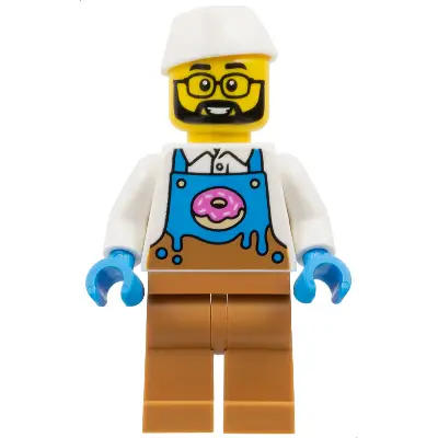 Donut Truck Vendor - Male, Dark Azure and Medium Nougat Apron with Donut over White Shirt, Medium Nougat Legs, White Butcher / Food Service Cap, Glasses, Beard