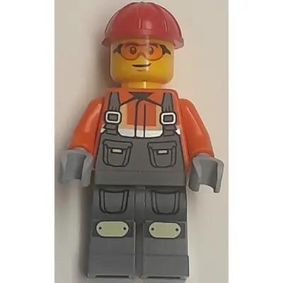 Construction Worker - Male, Dark Bluish Gray Overalls over Reddish Orange Safety Jacket with Reflective Stripes, Dark Bluish Gray Legs with Knee Pads, Red Construction Helmet, Safety Glasses