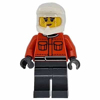 Formula 1 Pit Crew Member - Female, Reddish Orange Racing Suit with Pockets, Dark Bluish Gray Legs, White Dirt Bike Helmet, Freckles
