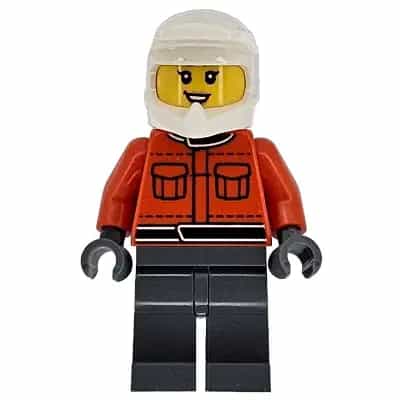 Formula 1 Pit Crew Member - Female, Reddish Orange Racing Suit with Pockets, Dark Bluish Gray Legs, White Dirt Bike Helmet
