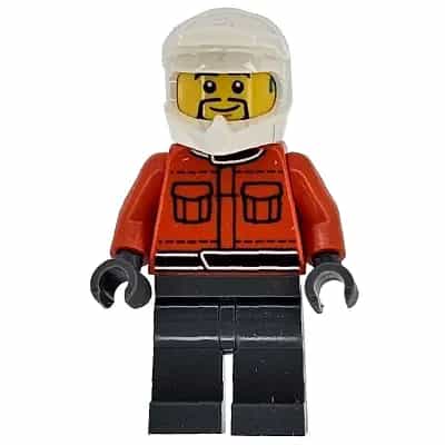 Formula 1 Pit Crew Member - Male, Reddish Orange Racing Suit with Pockets, Dark Bluish Gray Legs, White Dirt Bike Helmet, Goatee, Hearing Aid