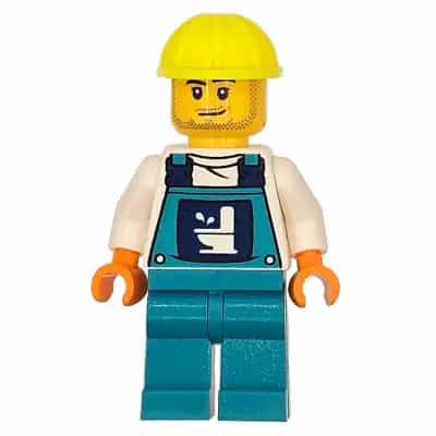 Toilet Soapbox Race Car Driver (Plumber) - Male, Dark Turquoise Overalls with Toilet Logo, Dark Turquoise Legs, Neon Yellow Construction Helmet, Stubble