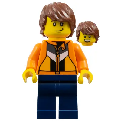 Soapbox Race Reporter (Jason 'Just Jason' Brickle) - Male, Orange Jacket with Panels and Zipper, Dark Blue Legs, Reddish Brown Tousled Hair