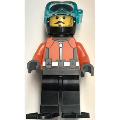 Diver - Male, Reddish Orange Wetsuit, Black Legs, Helmet, Air Tanks and Flippers, Trans-Light Blue Visor, Dark Brown Stubble
