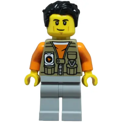 Adventurer - Male, Dark Tan Vest over Orange Shirt, Light Bluish Gray Legs, Black Hair