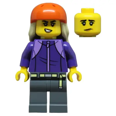 Skateboarder - Female, Dark Purple Tracksuit, Dark Bluish Gray Legs, Reddish Orange Sports Helmet, Tan Long Hair