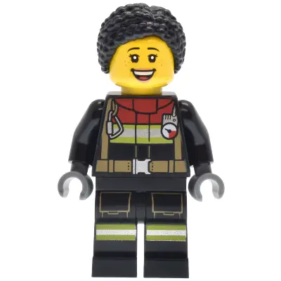 Fire - Female, Black Jacket and Legs with Reflective Stripes and Red Collar, Black Hair Braided with Knot Bun, Freckles
