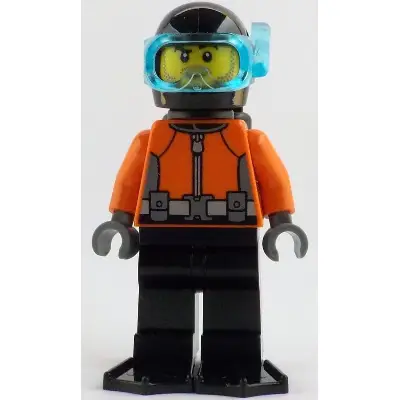 Helmsman - Male, Reddish Orange Wetsuit, Black Legs, Helmet, Air Tanks and Flippers, Trans-Light Blue Visor, Dark Tan Stubble