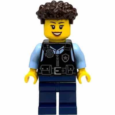 Police - City Officer Female, Black Safety Vest with Silver Star Badge Logo, Dark Blue Legs, Dark Brown Coiled Hair