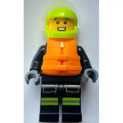 Fire - Male, Black Jacket and Legs with Reflective Stripes and Red Collar, Neon Yellow Helmet, Trans-Clear Visor, Orange Life Jacket