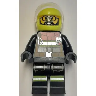 Fire - Male, Black Jacket and Legs with Reflective Stripes and Red Collar, Neon Yellow Helmet, Trans-Clear Visor