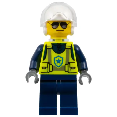 Police - City Officer Male, Neon Yellow Safety Vest, Dark Blue Legs, White Flight Helmet, Trans-Clear Visor, Neck Bracket