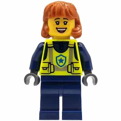 Police - City Officer Female, Neon Yellow Safety Vest, Dark Blue Legs, Dark Orange Mid Length Hair, Open Mouth Grin