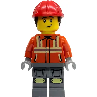 Construction Worker - Male, Reddish Orange Safety Jacket with Reflective Stripes, Dark Bluish Gray Legs with Knee Pads, Red Construction Helmet with Dark Brown Short Curly Hair, Lopsided Grin