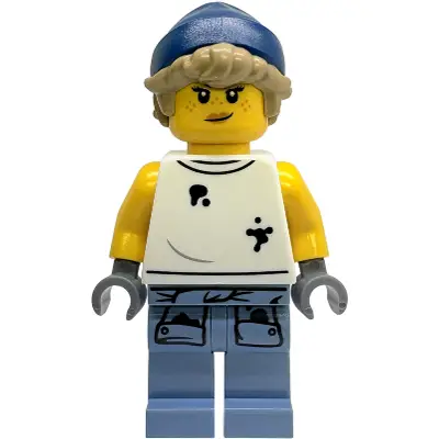 Tow Truck Operator - Female, White Sleeveless Shirt with Oil Stains, Sand Blue Legs with Shirt Sleeves with Oil Stains, Dark Blue Beanie, Dark Tan Hair