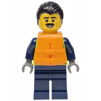 Police - City Officer Male, Neon Yellow Safety Vest, Dark Blue Legs, Black Combed Back Hair, Orange Life Jacket, Moustache