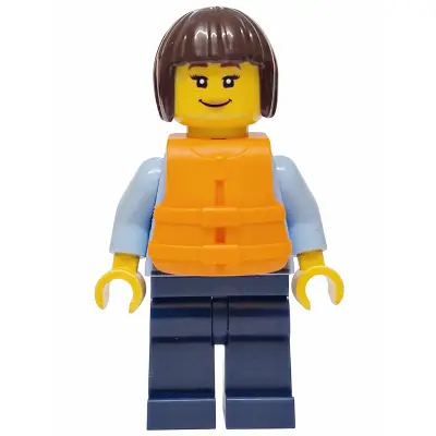 Police - City Officer Female, Bright Light Blue Uniform with Dark Bluish Gray Belt, Dark Blue Legs, Dark Brown Bob Cut Hair, Orange Life Jacket