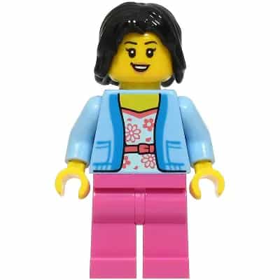 Passenger - Female, Bright Light Blue Jacket over White Shirt with Coral Flowers, Dark Pink Legs, Black Hair