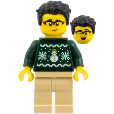 Man - Dark Green Holiday Sweater, Tan Legs, Black Hair