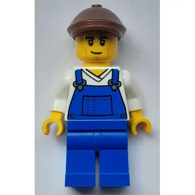 Farmer - Male, Blue Overalls over V-Neck Shirt, Blue Legs, Reddish Brown Flat Cap