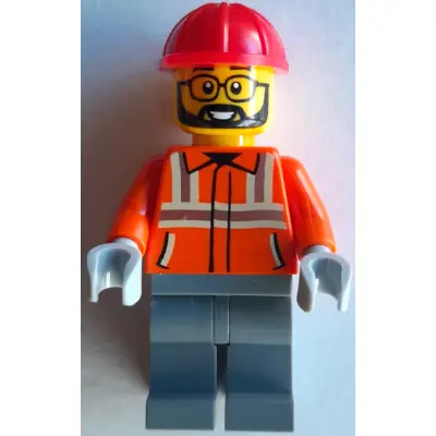 Construction Worker - Male, Reddish Orange Safety Jacket with Reflective Stripes, Dark Bluish Gray Legs, Red Construction Helmet, Beard