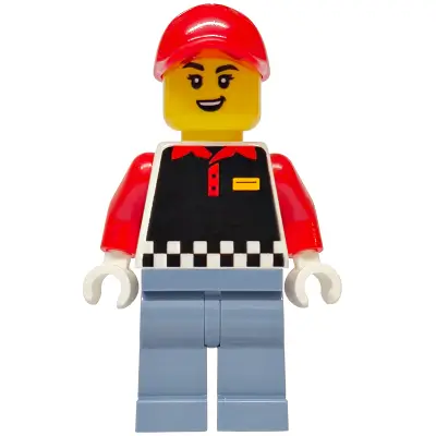 Fries Food Truck Vendor - Female, Black Vest, Sand Blue Legs, Red Cap