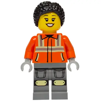 Construction Worker - Female, Reddish Orange Safety Jacket with Reflective Stripes, Dark Bluish Gray Legs with Knee Pads, Black Hair Braided with Knot Bun