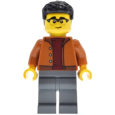 EV Supercar Driver - Male, Dark Orange Jacket, Dark Bluish Gray Legs, Black Coiled Hair