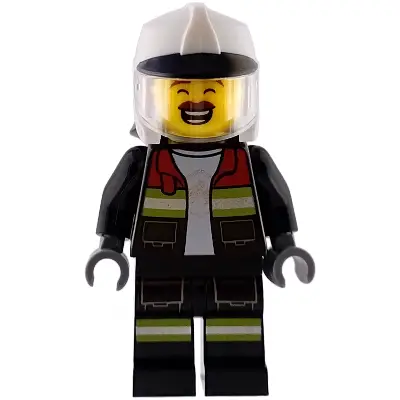 Fire - Male, Black Open Jacket and Legs with Reflective Stripes and Red Collar, White Fire Helmet, Trans-Clear Visor, Reddish Brown Moustache