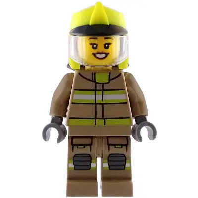 Fire - Female, Dark Tan Jacket and Legs with Reflective Stripes, Neon Yellow Fire Helmet, Trans-Clear Visor, Open Mouth Smile