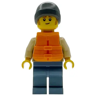 Man - Tan Knit Cable Sweater, Orange Life Jacket, Sand Blue Legs, Dark Bluish Gray Beanie