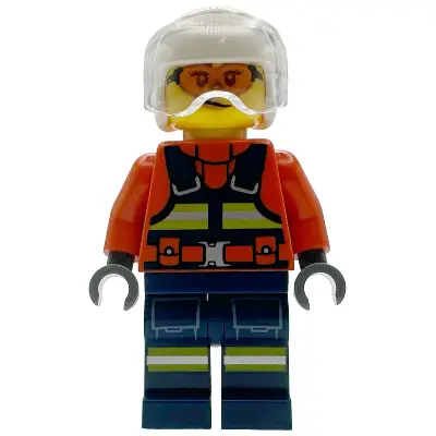 Coast Guard City Helicopter Pilot - Female, Reddish Orange Jacket with Dark Blue Safety Vest, Dark Blue Legs with Pockets and Reflective Stripes, White Flight Helmet