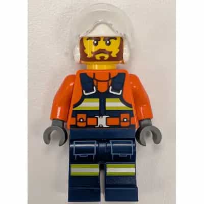 Coast Guard City Helicopter Pilot - Male, Reddish Orange Jacket with Dark Blue Safety Vest, Dark Blue Legs with Pockets and Reflective Stripes, White Flight Helmet