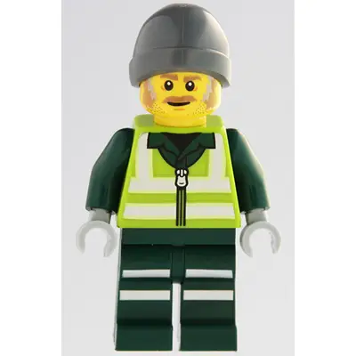 Recycling Worker - Male, Lime Safety Jacket with Reflective Stripes, Dark Green Legs with Reflective Stripes, Dark Bluish Gray Beanie