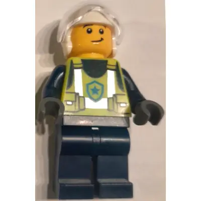 Police - City Officer Male, Neon Yellow Safety Vest, Dark Blue Legs, White Flight Helmet, Trans-Clear Visor, Lopsided Grin / Scared